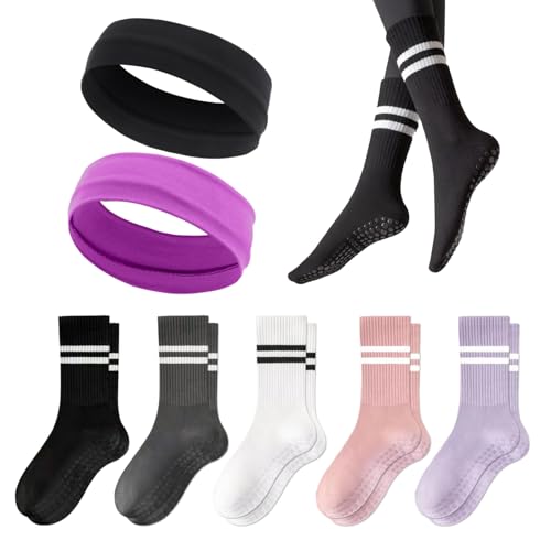 DHSBGWSX 5 pares de calcetines de yoga, 2 diademas de yoga, calcetines de correr para mujer, calcetines antideslizantes para fitness, calcetines deportivos a rayas, multicolor, Talla única