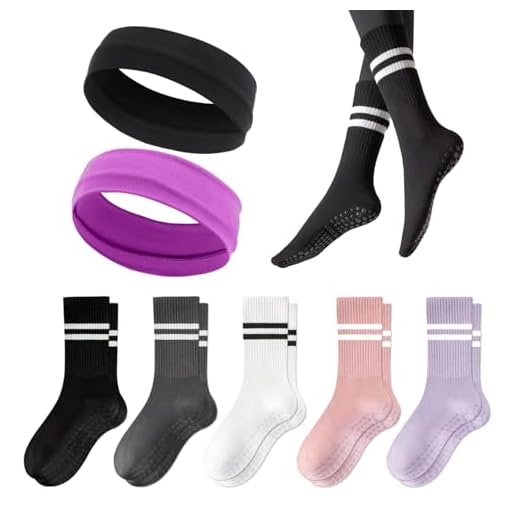 DHSBGWSX 5 pares de calcetines de yoga, 2 diademas de yoga, calcetines de correr para mujer, calcetines antideslizantes para fitness, calcetines deportivos a rayas, multicolor, Talla única