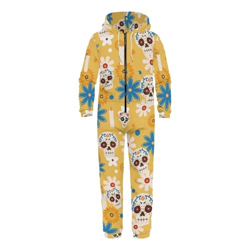 chaqlin Adult Onesie Pajamas Yellow Sugar Skull Fashion Zipper Sleepwear Women Onesie Halloween Costume Jumpsuit for Men One Piece Pajamas Playsuit with Pockets, Size 3XL