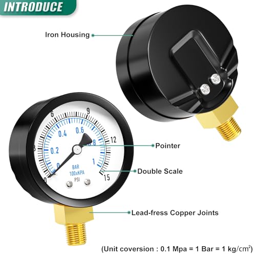 Image of 0-15PSI Well Pump Pressure Gauge 2 inch Dial Size, 1 /8 inch NPT Lower Mount, 3-2-3% Accuracy, for Tube, Water Pump, Gas, Liquid, Pressure Test