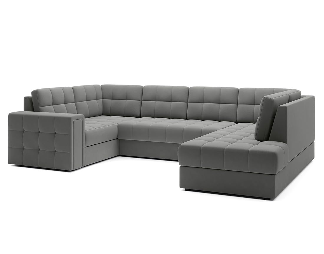Bestmobilier - Nappa - Canapé panoramique d'angle Gauche 7 Places Convertible avec Coffre en Velours, Gris Clair