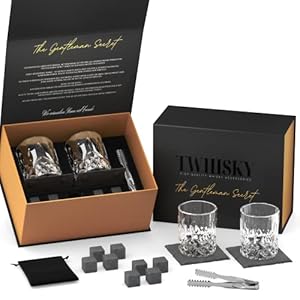 TWHISKY Premium Whisky Glasses Gift Set – 2 Whiskey Glasses Tumbler 300 ml, 8 Reusable Whisky Stones Made of Natural Basalt, 2 Slate Coasters, Tongs & High-Quality Gift Box