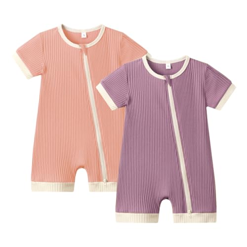 Image of Bafeicao Unisex Baby Boy Girl 2 Pack Rompers Short Sleeve 2 Way Zipper One Piece Jumpsuits Clothes Sets