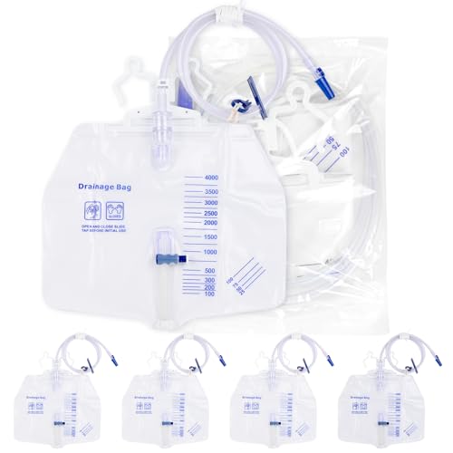 5 Pack Urinary Drainage Bags 4000ml with Tube, Clips & Hook