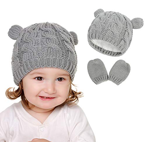 VUCDXOP Invierno Gorro y Guantes Conjunto para Bebé Invierno Tejer Sombrero de Algodón y Guantes Sombreros Caliente Gorro con Manoplas para Bebé Niño 0-18 Meses
