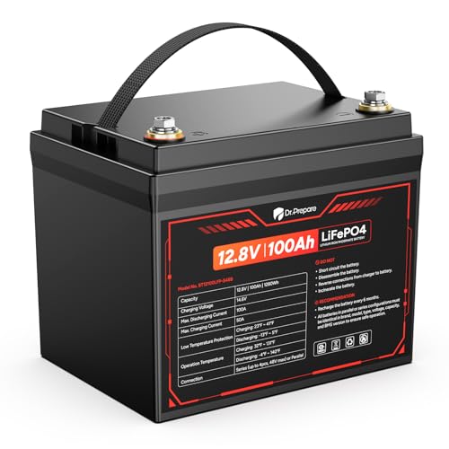 Image of DR.PREPARE 12V 100Ah LiFePO4 Battery, Compact Size, 1280Wh Lithium Battery, with 100A BMS, Low & High Temp Protection, IP65, Easy-Fit Design for RV, Trailer, Marine, Off-Grid, Home Backup Power