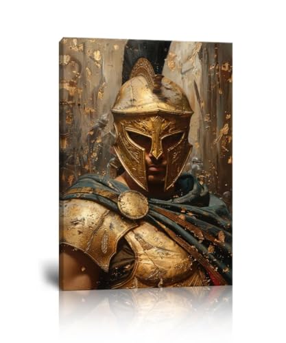 Medieval Wall Decor Warrior Canvas Wall Art Ancient Greek Spartan Picture Gold Armored Painting Retro Europe Poster for Living Room Bedroom Office Game Room Home Decor Prints Framed (24''W x 36''H)