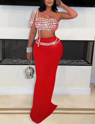 Image of WOKANSE Two Piece Dress Sets for Women Spaghetti Strap Sleeveless Rhinestone Tube Top Bodycon Long Maxi Skirt Set