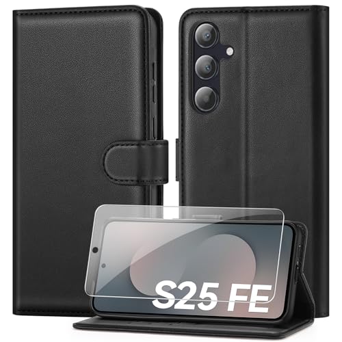 ivencase Compatible with Samsung Galaxy S25 FE 5G Case with 1 Screen Protector, [RFID Blocking] PU Leather Flip Wallet Case with Card Slots Stand Magnetic Phone Case for Samsung S25 FE - Black