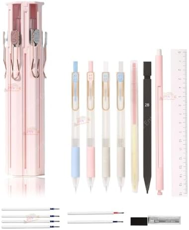 Alokik Enterprise Multifunctional Portable Pencil Case with 4 Pen Push-Pull Stationery Box Set, Ruler, Pencil, Eraser, Pen Case - Multicolor (6 in1 Pen & Pencil Case)