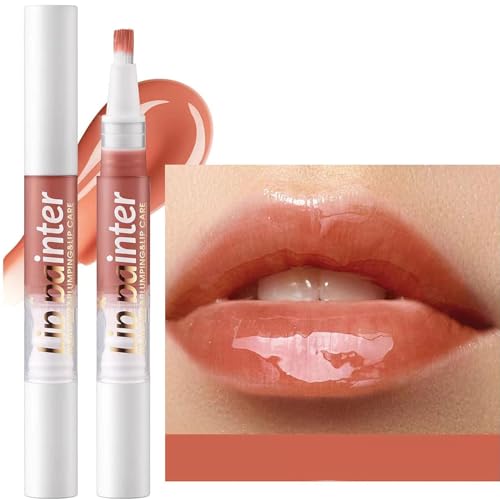 Brillo de labios marrón 2 en 1, brillo de labios de volumen, brillo de labios teñido, brillo de labios brillante, aceite labial hidratante, brillo labial vegano para mujeres y