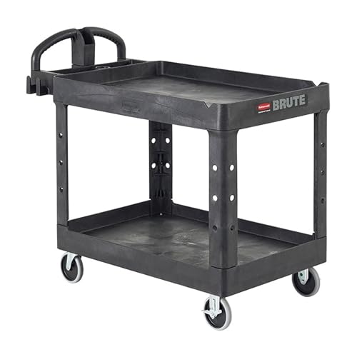 Image of Rubbermaid Commercial Products 2-Shelf Utility/Service Cart, Small, Lipped Shelves, Ergonomic Handle, 500 lbs. Capacity, for Warehouse/Garage/Cleaning/Manufacturing