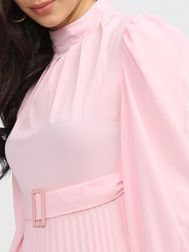 Image of Tokyo Talkies Women's Elegant A-Line Dress with Belt & Pleated Dress- Sophisticated Full-Sleeve Style for Any Occasion