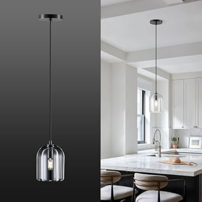 Nwaprh Pendant Light for Kitchen Island, Black Modern Crystal Glass Modern Pendant Lights, Dome Pendant Light in Kitchen Island, E12 Bulb Indoor Island Pendant Lights,for Dining Room,Living Room