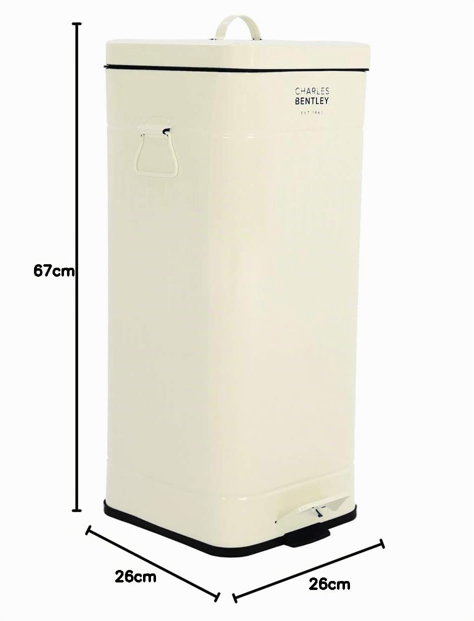 CHARLES BENTLEY Poubelle cuisine 30L en acier, forme carrée, crème, design rétro, avec pédale, poignées, seau intérieur, facile à vider, pratique et moderne (67x27cm)