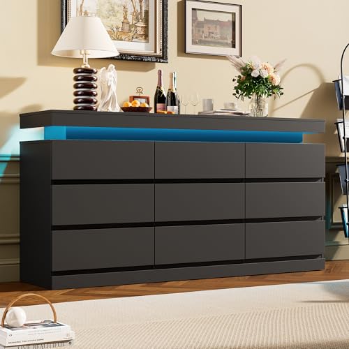 Garvee 9 Drawer Dresser for Bedroom - 63” Wide Chest of Drawers with LED Light and Charging Station, Large TV Stand Multi-Function Home Organizer fo