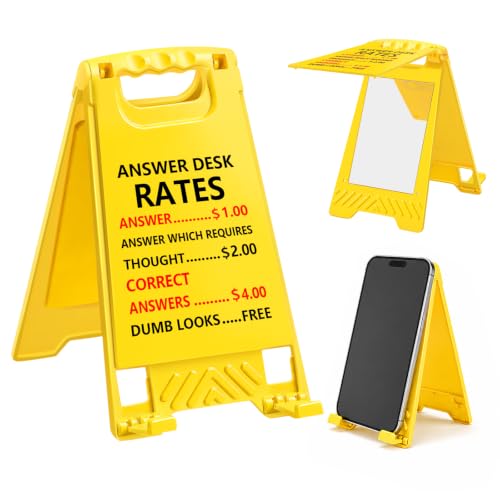 A desk sign that secretly doubles as a mirror and phone stand — sneaky multitasking with a punchline.