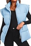 ELLEVEN Womens Puffer Vest Stand Collar Flysleeve Oversized Sleeveless Puffy Quilted Vest Woman Casual Warm Ladies Long Coats Padded Lightweight Winter Spring Fall Baggy Light Blue Medium