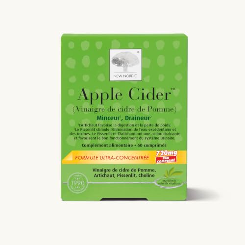 New Nordic Apple Cider Vinaigre de cidre 720 mg – 60 comprimés végan | Artichaut, Pissenlit & Choline. 2 à 3 comprimés/jour, cure 1 mois. Végan, sans gluten, sans additif artificiel.