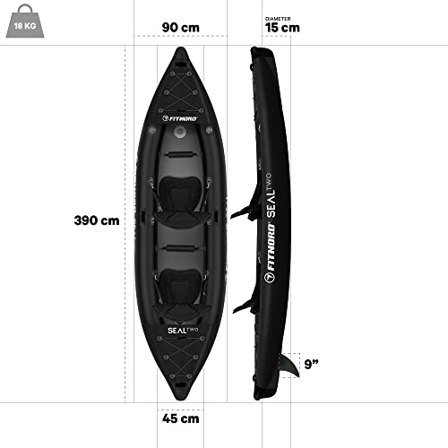 Foto von FitNord Seal Two, aufblasbares Schlauchboot mit komplettem Zubehör, Kajak für 2 Personen, 390 x 90 x 45 cm, Schwarz