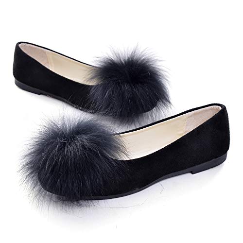 Hee Grand Women Pom Pom Causal Flats -Solid Slip On Shallow Comfortable Ballet Shoes,Black #TOP1