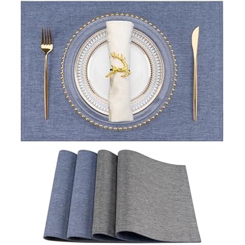 Eforcurtain Washable Placemats Set of 4 Heat Resistant Cloth Table Placemats Double Layer Thick Linen Style Table Mats Light Blue and Charcoal Gray, 13x19 Inch Cover