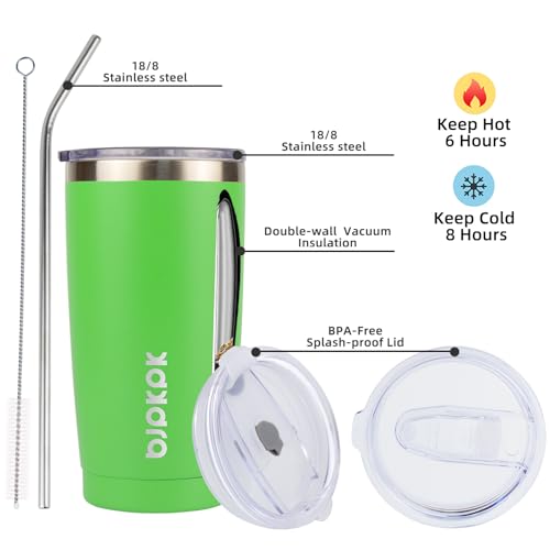 Image of BJPKPK 20oz Coffee Tumbler with Lid & Straw, Insulated Stainless Steel Mug | Double Wall Vacuum, Keeps Hot /Cold, BPA Free, Leak Proof, Iced Coffee Cup Fit Car Holder, Travel & Beach, Green