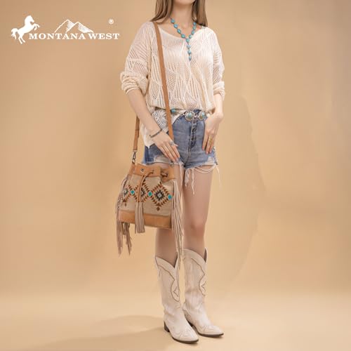 Montana West Aztec Bucket Bags for Women Western Fringe Crossbody Bag Ladies Vintage Drawstring Bucket Bag2