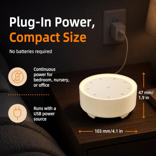Image of Kipcush White Noise Machine for Sleeping, Baby & Adults, High-Fidelity Non-Looping Sounds, Sleep Sound Machine with Dimmable Night Light, USB Powered, Memory Function, Home, Nursery & Travel
