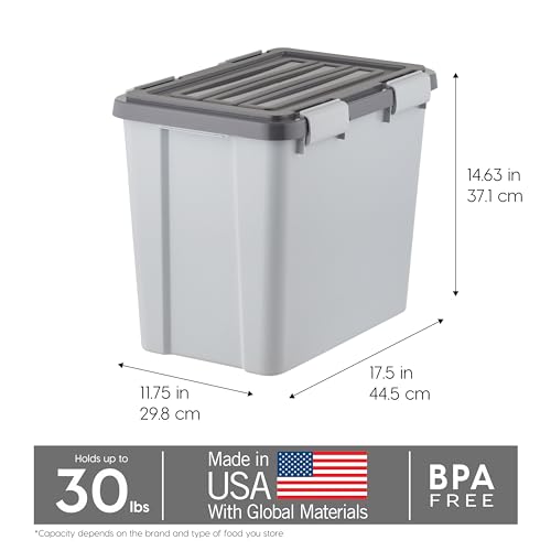 IRIS USA Stackable Dog Food Storage Container with 2 Cup Scoop, 4 Secure Latches, Fits up to 30 lbs, Pet Dry Food Bin, Gasket Seal Lid, BPA Free, Stackable, Easy Measure, Gray/Dark Gray - Image 4