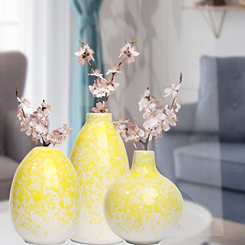 Ceramic Vase 3 Piece Set, Home Decor Decorative Flower Vases Set For Modern Farmhouse Decoration, Living Room Centerpieces,Events, Table, Bookshelf, Mantel And Entryway Decor (Yellow,Oval) #TOP5