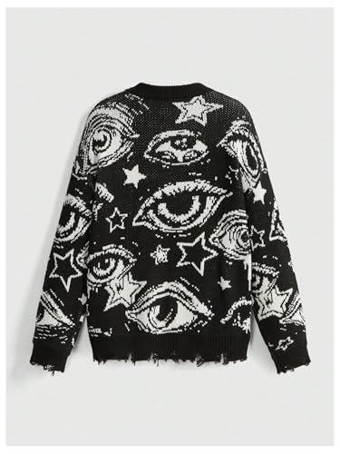 Image of WDIRARA Women's Goth Cartoon Pattern Sweater Knit Pullover Top | Long Sleeve, Crewneck