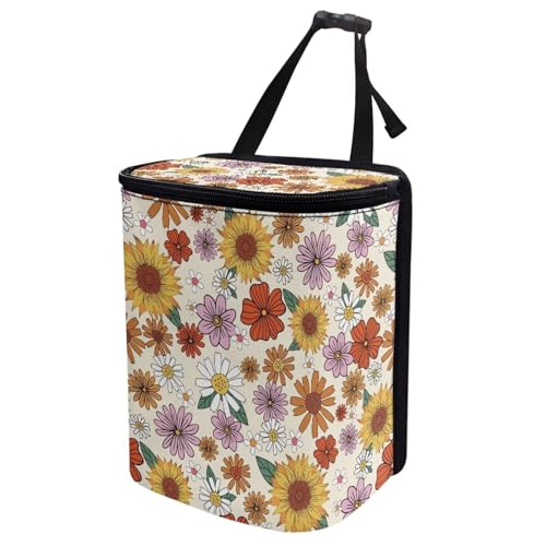 Image of Cottage Daisy Flower Car Trash Can Mini Auto Garbage Bin with Lid Lightweight Hanging Car Rubbish Bags for Back Front Seat