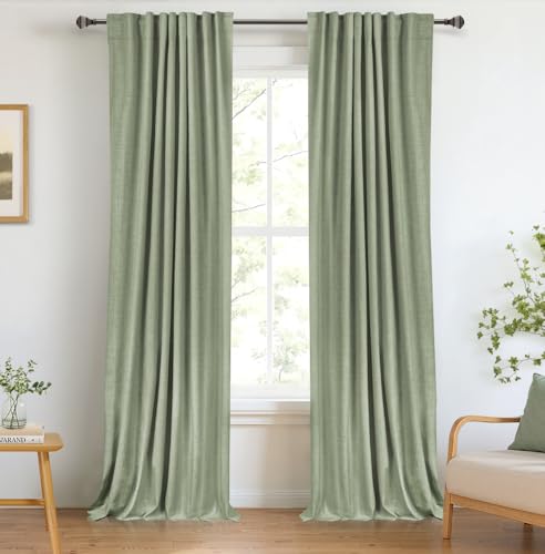 100% Blackout Shield Linen Blackout Curtains for Bedroom 108 Inches Long, Back Tab/Rod Pocket Living Room Drapes, Thermal Insulated Blackout Curtains 2 Panels Set, 50" W x 108" L, Sage