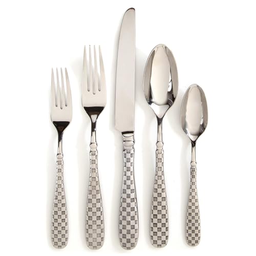 MACKENZIE-CHILDS 5-Piece Flatware Set, Cute Silverware Set with Salad Fork, Dinner Fork, Knife, Spoon, and Teaspoon, Check