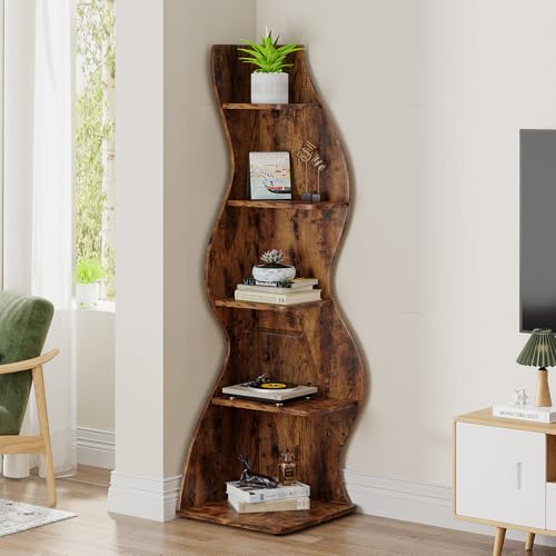 Image of Tribesigns Corner Shelf, Rustic 5-Tier Wall Corner Bookshelf, Stylish Corner Small Bookcase Storage Rack Plant Stand with Unique Shape for Living Room, Home Office (2PCS, Brown)