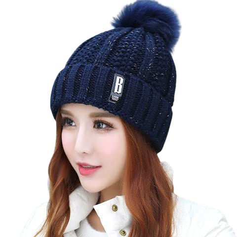 Image of SYGA Winter Beanie Hat for Women Warm Thick Cotton Lining Knit Bobble Pom Pom Skull Cap Fleece Lined Warm Cap Outdoor Sports Hat for Ladies Women Girl Free Size