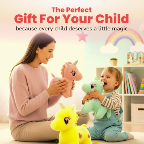 Image of HUG 'n' FEEL SOFT TOYS 3-Piece Unicorn Plush Toy Combo - Pink, Blue & Yellow Soft Huggable Unicorn Stuffed Animals Set for Kids, Girls & Birthday Party Favors