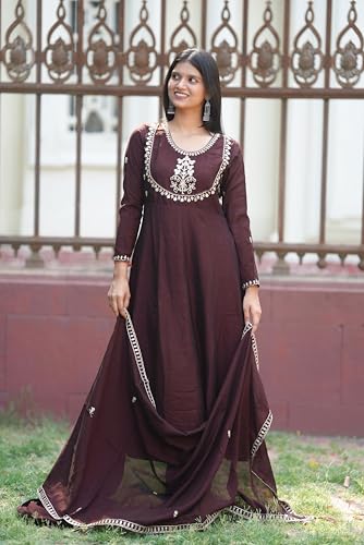 Image of MOKOSH Women's Silk Embroidery Anakrali Kurta Pant with Dupatta | Anarkali Kurta Set | Round Neck Full Sleeve Ethnic Suit | Floral Kurta 7 Colour Option Available | 3 Piece Outfit