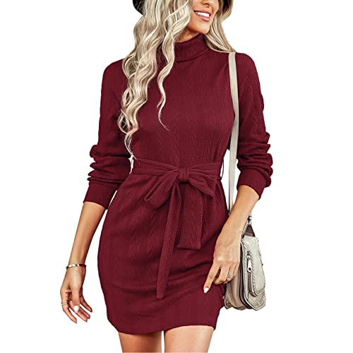 Damenkleid Strick Kurzes Kleid Hoher Rundhalsausschnitt Langarm Reine Farbe Freizeitkleid Partykleid Cocktailkleid Minikleid Hips-Wrapped Kleid Wickelkleid mit Gürtel(M-Weinrot) Cover