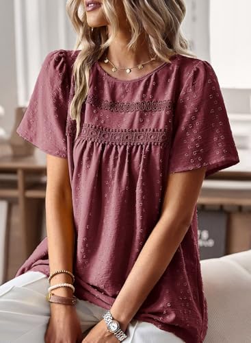 Image of Falechay Womens Summer Tops Crewneck Short Sleeve Shirts Casual Chiffon Blouses Flowy Lace Hem Boho Clothing Trendy 2026