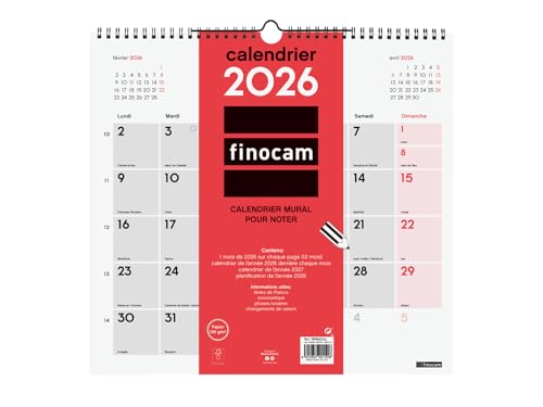 Finocam – Calendrier mural 2026 1 Mois par page Janvier – Décembre 2026 (12 mois) | Calendrier 2026 pour noter | Planificateur mensuel Neutre – Français