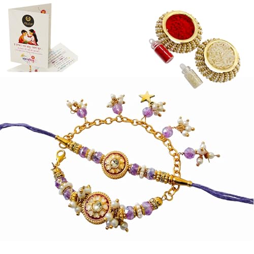 NiLy Craft Luxury Handmade Bhaiya Bhabhi Rakhi Gift Set | Premium Traditional Floral Charm & Royal Purple Beads Couple Rakhi with Roli Chawal & Raksha Bandhan Greeting Card | Elegant Designer Rakhi Combo for Brother & Sister-in-Law