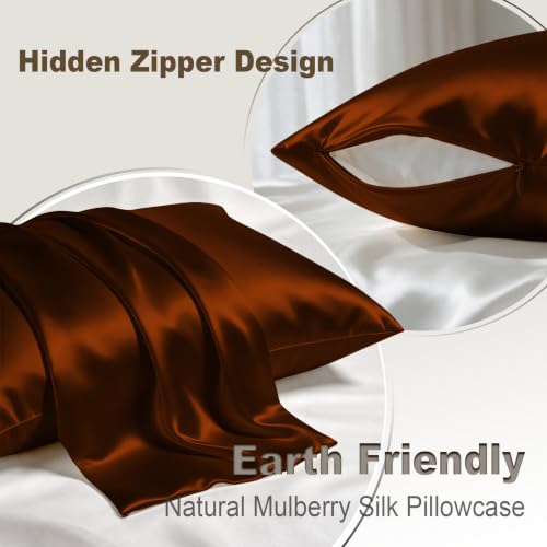 Image of LYSHIN Silk Pillow Cases 2 Pack Queen Size with Zipper, Orange | 19 Momme Mulberry Silk Pillowcase for Skin and Hair, Anti-Acne, Hypoallergenic, Cooling, Beauty Sleep, Gifts for Women