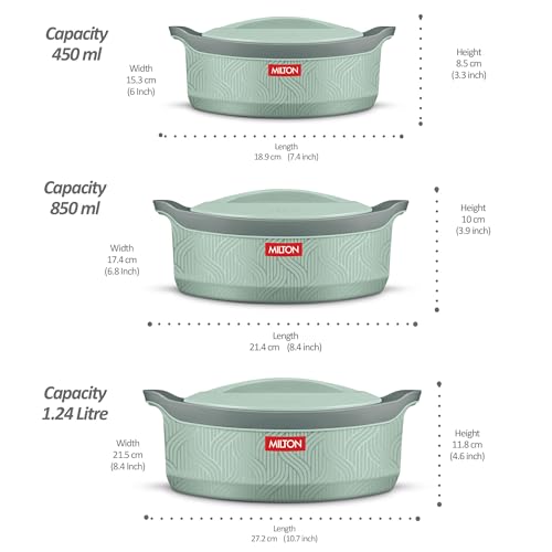 Image of Milton Evoke Jr. Gift Set PU Insulated Inner Stainless Steel Casserole,Set of 3(450 ml,850 ml, 1240 ml),Light Green,BPA Free,Food Grade,Hot and Cold,Easy to Carry,Easy to Store,Chapati,Roti,Curd Maker