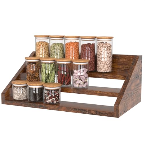 Spice Rack Organizer for Cabinet, Robust Wooden Display Riser Shelf Seasoning Organizer for Countertop Cupboard Pantry, Condiment Jar Kitchen Storage Holder Super Sturdy Stand, Rusitc Brown (3-Tier)