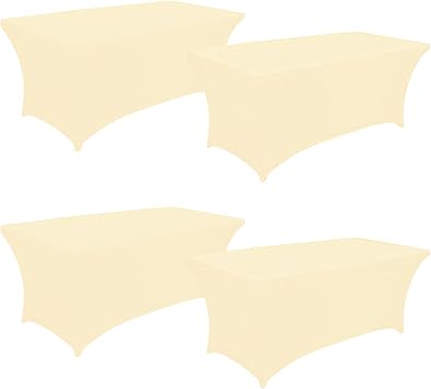 Fivenl 6FT Spandex Table Cover Table Cloth for Folding Tables Fitted Rectangular Tablecover Washable Wrinkle Resistant Polyester Stretch Tablecloth Protector for Wedding Banquet Party (4 Pack, Beige)