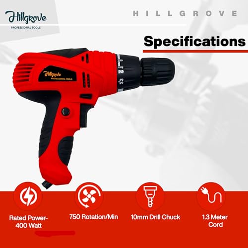 Image of Hillgrove HGCM1183M2 400W Self Screwdriver Electrical Small Power Drill Machine for Home Use 750-RPM with 9Pcs All Type Drill Bits, Adjustable Reverse Rotation and Variable Speed Pistol Grip