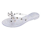 OMGard Womens Sandals Flat Studded Jelly Shoes Crystal Clear Jellies Flip Flops Size 8.5, Summer Beach Bow Thong with Rivets Strappy Transparent Slides Slip On