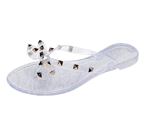 Image of Studded Jelly Shoes for Womens Bow Flip Flops Jellies Sandals Flat Black Summer Beach Thong with Rivets Strappy Slides Slip On